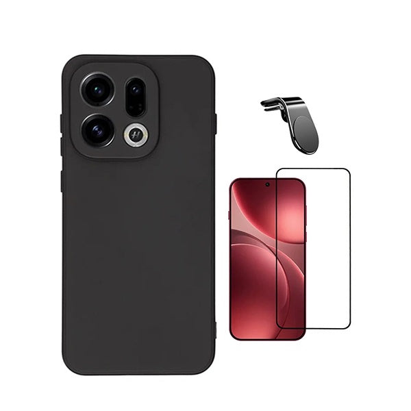 Kit Vidro Temperado + Capa Silicone Líquido + Suporte L PHONECARE Para Oppo Find X9 - Preto