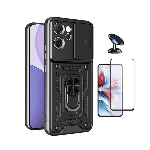 Kit Vidro Curved + Capa Magnetic Slide Window + Suporte Magnético PHONECARE Para Oppo Reno14 F - Preto