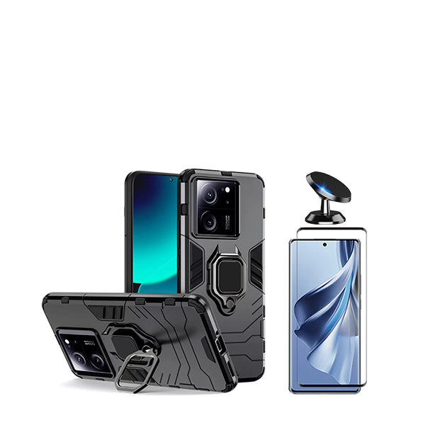 Kit Vidro Premium Full Cover + Capa 3X1 Military Defender + Suporte Magnético de Carro para Xiaomi 13T - Preto