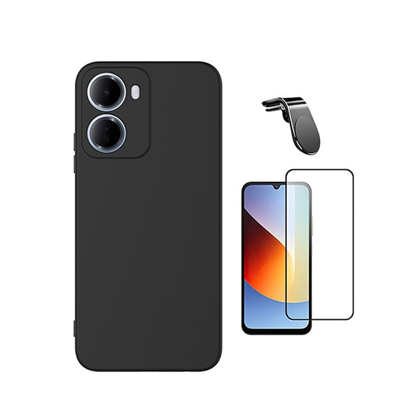 Kit Vidro Temperado + Capa Silicone Líquido + Suporte L PHONECARE Para Xiaomi Redmi 15a - Preto