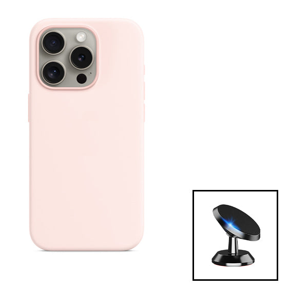 Kit Suporte Magnético de Carro + Capa Silicone Líquido para Apple iPhone 15 Pro - Rosa