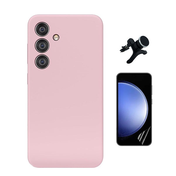 Kit Película Hydrogel Frente + Capa Silicone Líquido + Suporte Reforçado Para Samsung Galaxy S24 FE - Rosa