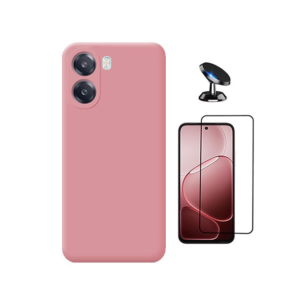 Kit Vidro Temperado + Capa Silicone Líquido + Suporte Magnético PHONECARE Para Oppo A6x - Rosa