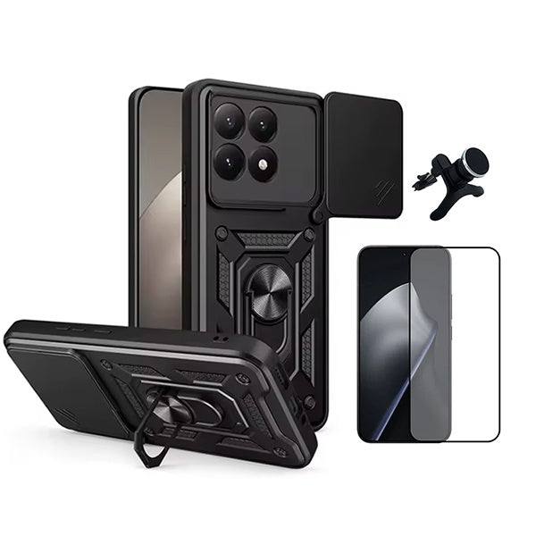 Kit Vidro + Capa Magnetic Slide Window + Suporte Reforçado PHONECARE Para Xiaomi 15T 5G - Preto