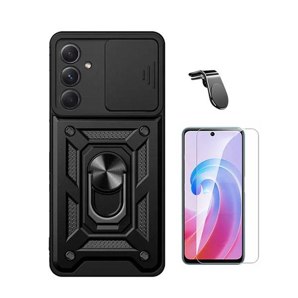 Kit Vidro Clearglass + Capa Magnetic Military Defender Slide Window Anti-Impacto + Suporte Magnético L Safe Driving Carro para Samsung Galaxy A35 5G - Preto