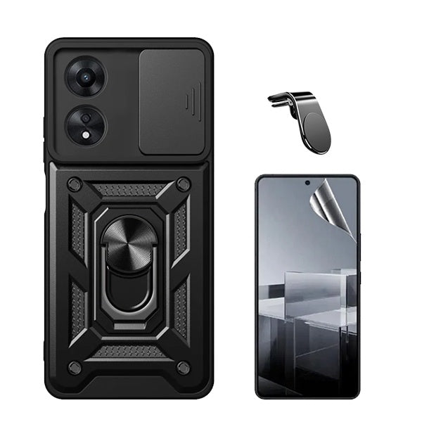 Kit Película Hydrogel Full Cover Frente + Capa Magnetic Military Defender Slide Window + Suporte Magnético L Safe Driving Carro para Oppo A60 - Preto