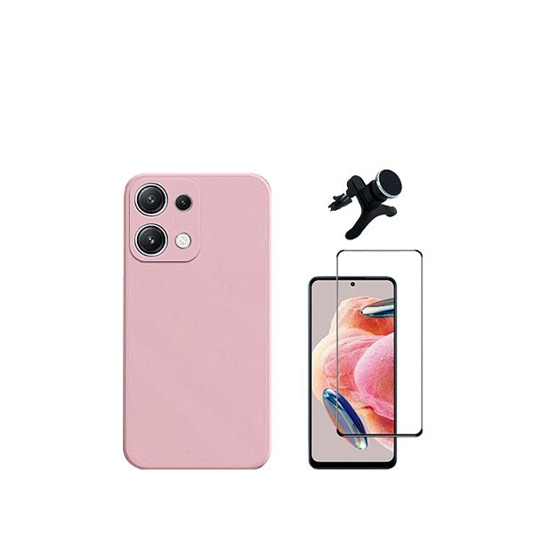 Kit Vidro Premium Full Cover + Capa Silicone Líquido + Suporte Magnético de Carro Reforçado para Xiaomi Redmi Note 13 4G - Rosa
