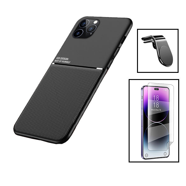 Kit Capa Magnetic Lux + Película Hydrogel Full Cover Frente + Suporte Magnético L Safe Driving para Apple iPhone 15 Pro - Preto