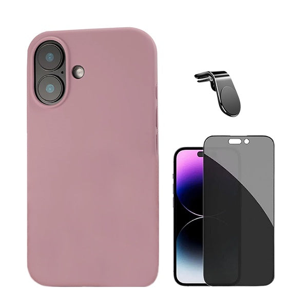 Kit Película de Vidro 5d Anti-Spy + Capa Silicone Líquido + Suporte Magnético L Safe para Apple iPhone 16 Plus - Rosa