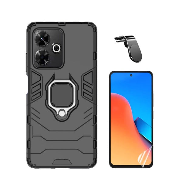 Kit Película Hydrogel Full Cover Frente + Capa 3x1 Military Defender + Suporte Magnético L Safe para Xiaomi Redmi 13 - Preto