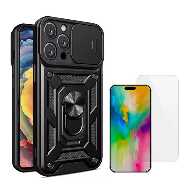 Kit Vidro Clearglass + Capa Magnetic Military Defender Slide Window Anti-Impacto para Apple iPhone 16 Pro Max - Preto