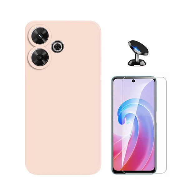 Kit Vidro Clearglass + Capa Silicone Líquido + Suporte Magnético de Carro para Xiaomi Redmi 13 5G - Rosa