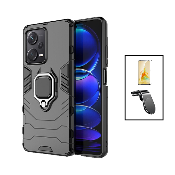Kit Vidro Premium Full Cover + Capa 3X1 Military Defender + Suporte Magnético L Safe Driving Carro para Xiaomi Poco X5 - Preto
