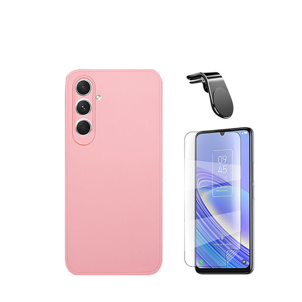 Kit Película Hydrogel Full Cover Frente + Capa Silicone Líquido + Suporte Magnético L Safe Driving Carro para Samsung Galaxy A15 - Rosa