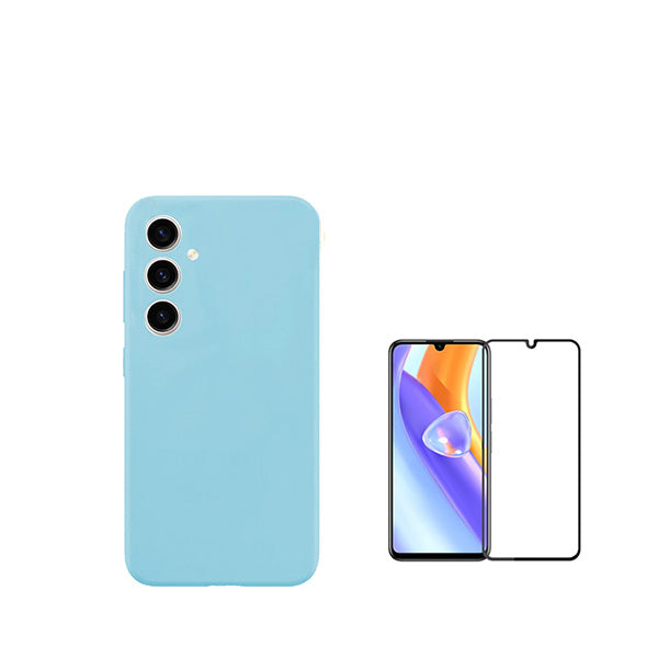Kit Vidro Premium Full Cover + Capa Silicone Líquido para Samsung Galaxy A05s - Azul Claro