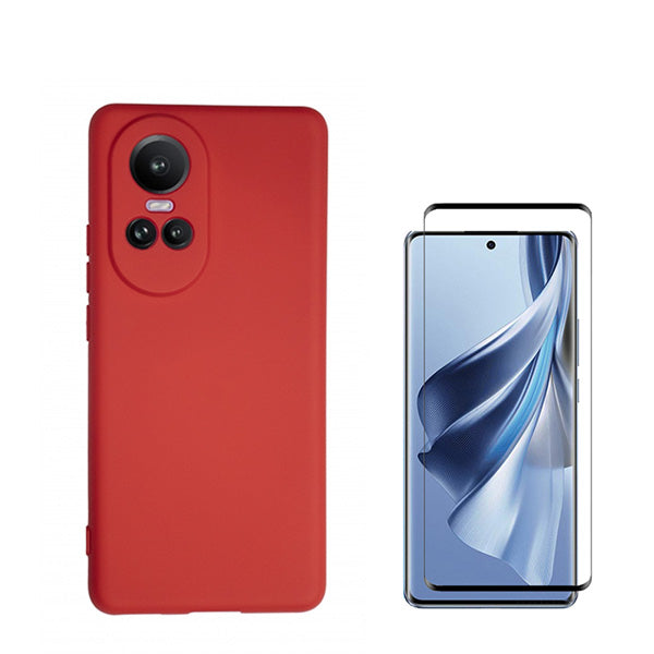 Kit Película de Vidro Temperado Curved + Capa Silicone Líquido para Oppo Reno10 Pro - Vermelho