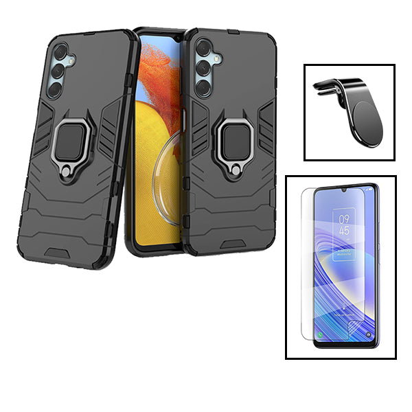 Kit Película Hydrogel Full Cover Frente + Capa 3X1 Military Defender + Suporte Magnético L Safe Driving Carro para Samsung Galaxy M34 5G - Preto