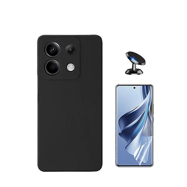 Kit Película Hydrogel Full Cover Frente + Capa Silicone Líquido + Suporte Magnético de Carro para Xiaomi Poco X6 5G - Preto
