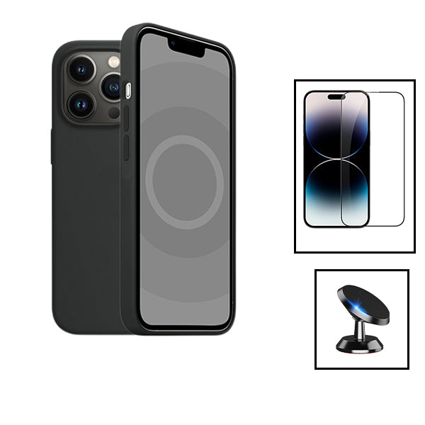 Kit Vidro Premium Full Cover + Capa Silicone Líquido + Suporte Magnético de Carro para Apple iPhone 15 Pro - Preto