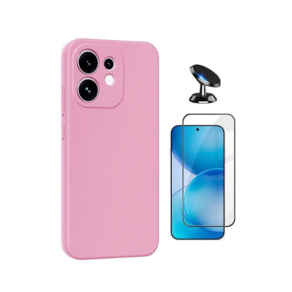 Kit Vidro Temperado + Capa Silicone Líquido + Suporte Magnético PHONECARE Para Oppo Reno16 - Rosa