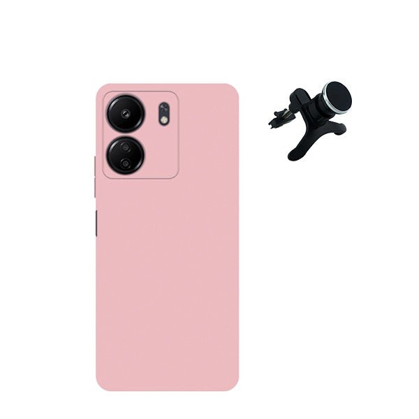 Kit Suporte Magnético Reforçado de Carro + Capa Silicone Líquido para Xiaomi Redmi 13C - Rosa