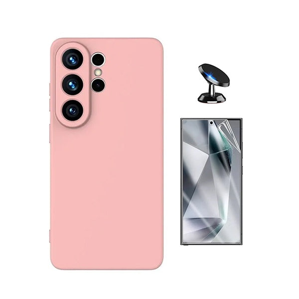 Kit Película Hydrogel Frente + Capa Silicone Líquido + Suporte Magnético PHONECARE Para Samsung Galaxy S26 Ultra - Rosa