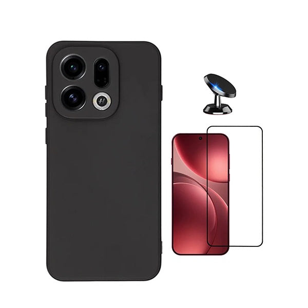 Kit Vidro Temperado + Capa Silicone Líquido + Suporte Magnético PHONECARE Para Oppo Find X9 - Preto