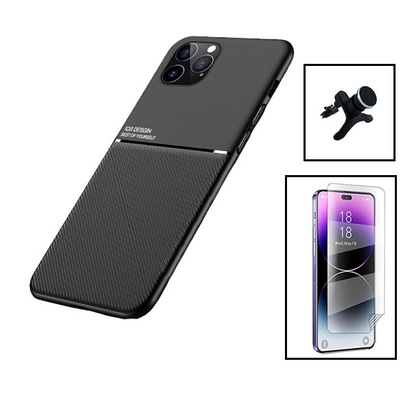 Kit Capa Magnetic Lux + Película Hydrogel Full Cover Frente + Suporte Magnético de Carro Reforçado para Apple iPhone 15 Pro Max - Preto