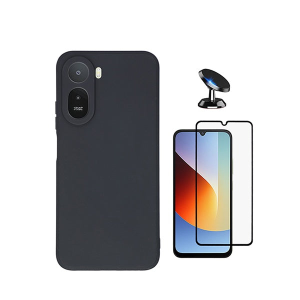 Kit Vidro Temperado + Capa Silicone Líquido + Suporte Magnético PHONECARE Para Xiaomi Redmi A7 Pro 4G - Preto