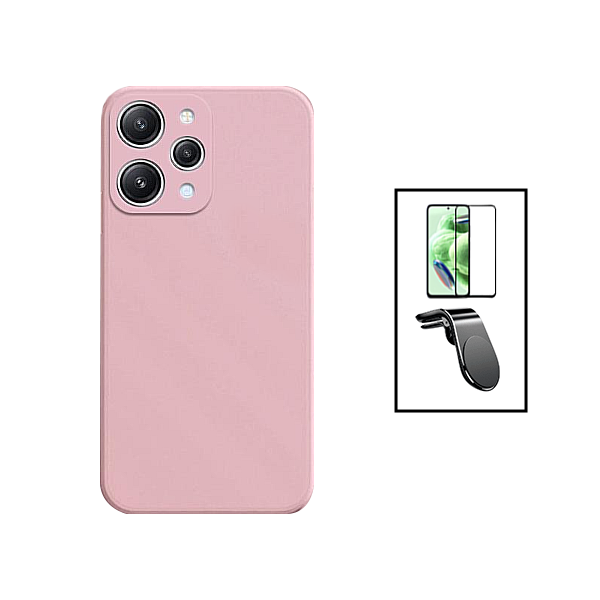 Kit Película de Vidro Temperado 5D Full Cover + Capa Silicone Líquido + Suporte Magnético L Safe Driving Carro para Xiaomi Redmi Note 12R - Rosa