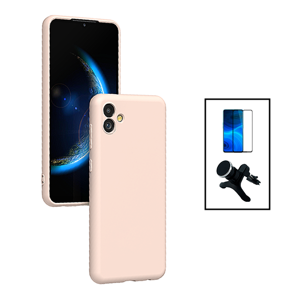 Kit Película de Vidro Temperado 5D Full Cover + Capa Silicone Líquido + Suporte Magnético de Carro Reforçado para Samsung Galaxy M04 - Rosa