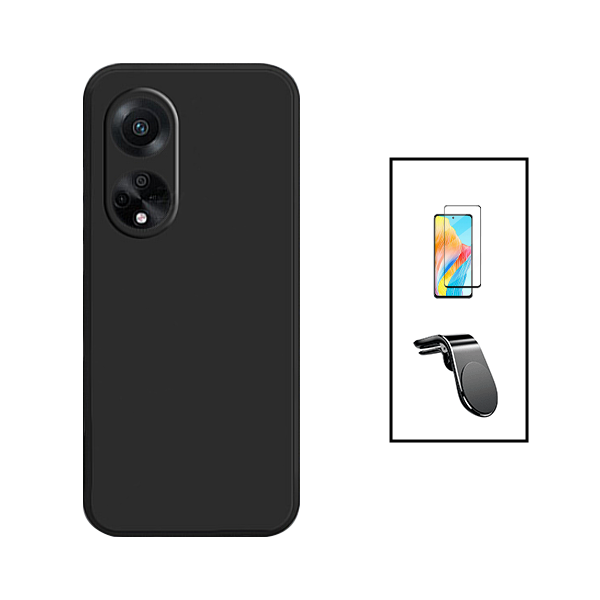 Kit Película de Vidro Temperado 5D Full Cover + Capa Silicone Líquido + Suporte Magnético L Safe Driving Carro para Oppo F23 5G - Preto