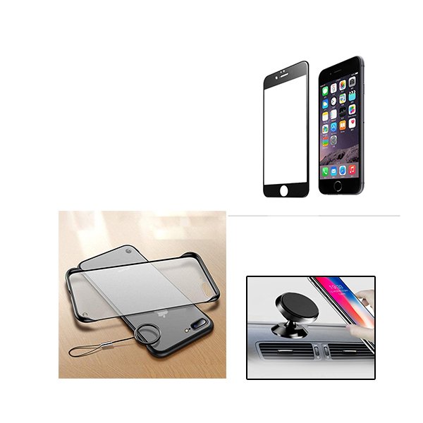 Kit Película de Vidro Temperado 5D Full Cover + Capa Naked Bumper + Suporte Magnético de Carro para iPhone 6s Plus