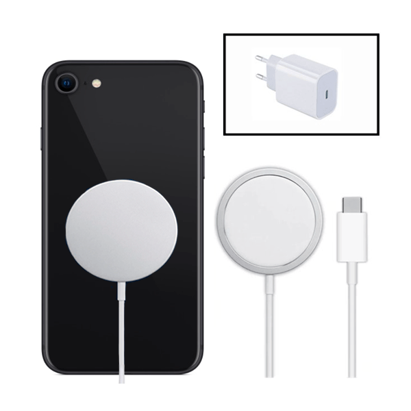 KIT Base Carregador Type C FastCharge 20W + Magnetic Wireless Fast Charger para Apple iPhone SE 2022 - Branco