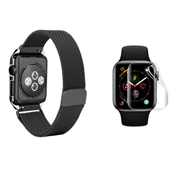 Kit Bracelete Milanese Loop Fecho Magnético + Película de Gel Full Cover para Apple Watch Edition Series 7 - 41mm - Preto