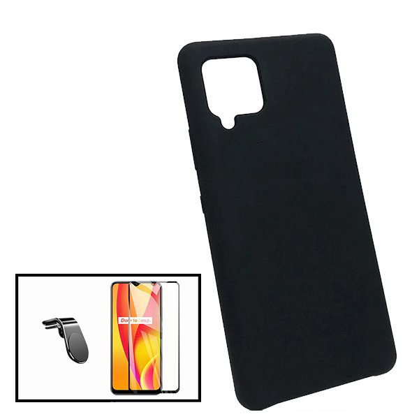 Kit Película de Vidro Temperado 5D Full Cover + Capa Silicone Líquido + Suporte Magnético de Carro Reforçado para Samsung Galaxy M42 5G