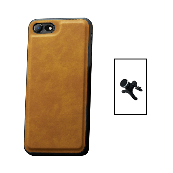 Kit Capa MagneticLeather + Suporte Magnético Reforçado de Carro para Apple iPhone 8 - Castanha