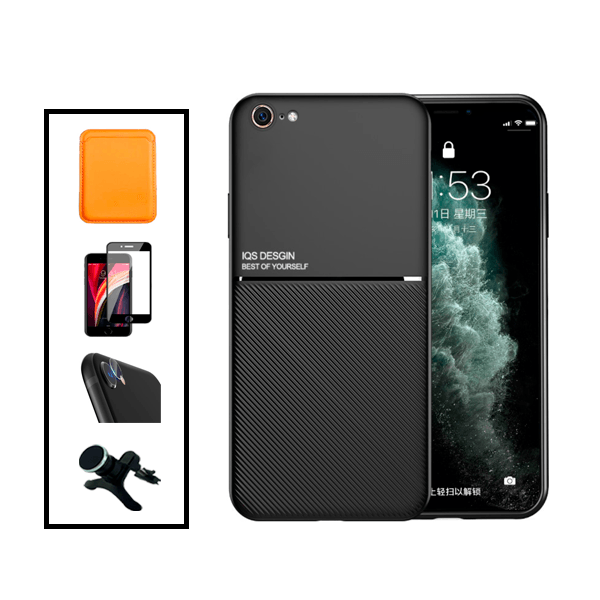 Kit Capa Magnetic Lux + Magnetic Wallet Laranja + 5D Full Cover + Película de Câmara Traseira + Suporte Magnético de Carro Reforçado para Apple iPhone SE 2022 - Preto