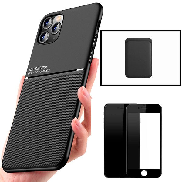 Kit Capa Magnetic Lux + Magnetic Wallet Preto + 5D Full Cover para iPhone 8