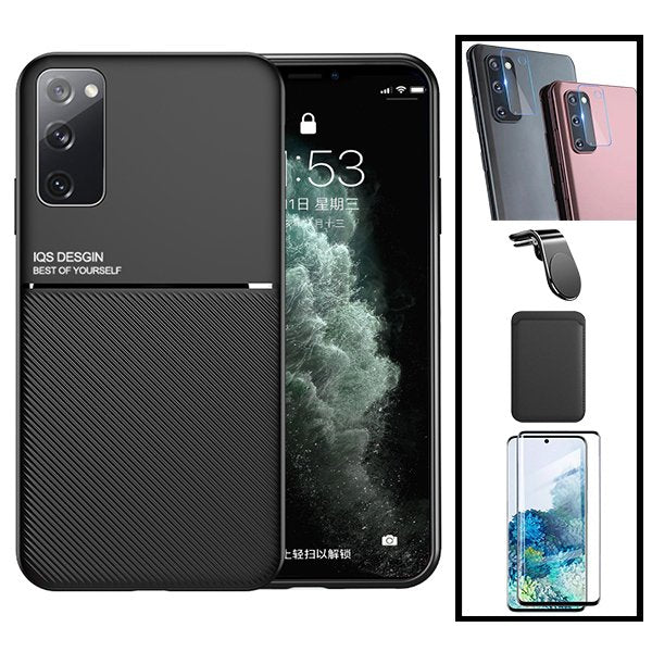 Kit Capa Magnetic Lux + Magnetic Wallet Preto + 5D Full Cover + Película de Câmara Traseira + Suporte Magnético L Safe Driving para Samsung Galaxy S20 FE