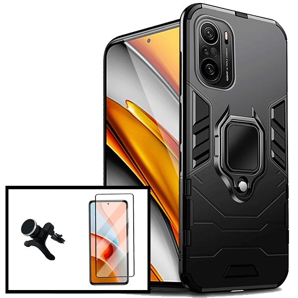 Kit Película de Vidro Temperado 5D Full Cover + Capa 3X1 Military Defender + Suporte Magnético de Carro Reforçado para Xiaomi Redmi K40