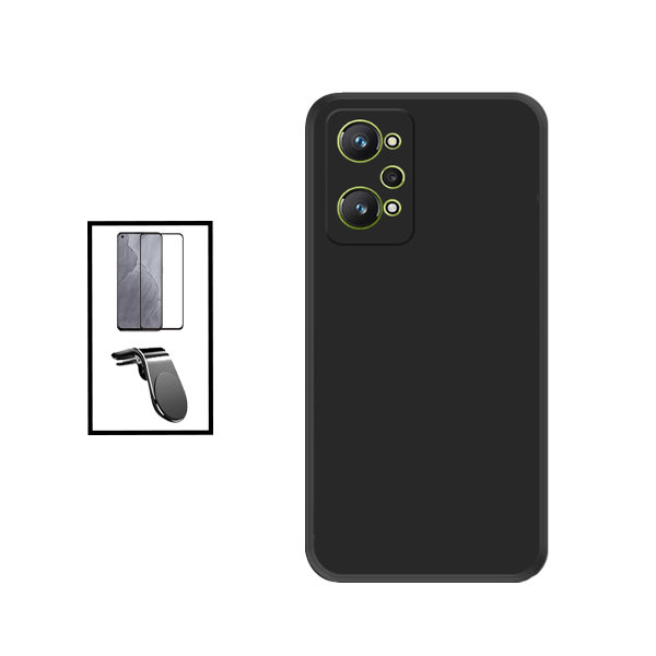 Kit Película de Vidro Temperado 5D Full Cover + Capa Silicone Líquido + Suporte Magnético L Safe Driving Carro para Realme GT Neo2 - Preto