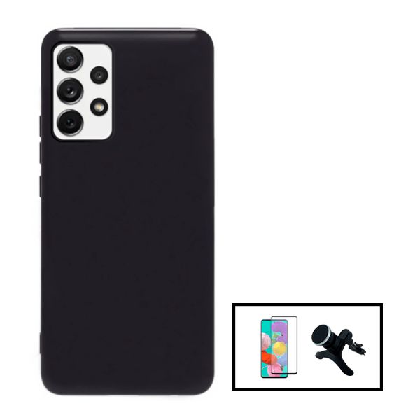 Kit Película de Vidro Temperado 5D Full Cover + Capa Silicone Líquido + Suporte Magnético de Carro Reforçado para Samsung Galaxy A33 5G - Preto