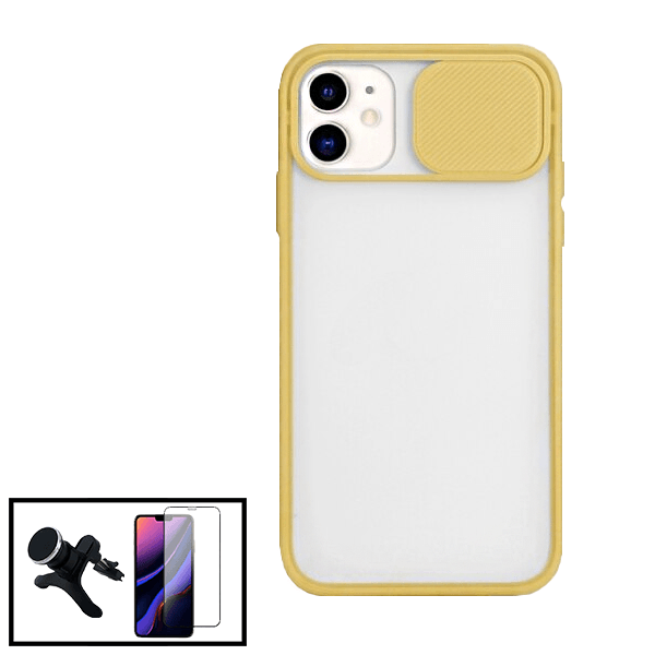Kit Capa Slide Window Anti Choque Frosted + Película 5D Full Cover + Suporte Magnético Reforçado de Carro para Apple iPhone SE 2022 - Amarelo