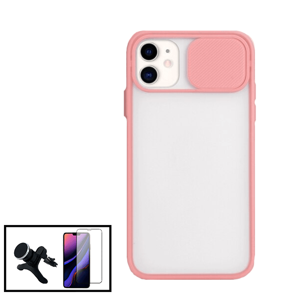 Kit Capa Slide Window Anti Choque Frosted + Película 5D Full Cover + Suporte Magnético Reforçado de Carro para iPhone SE 2020 - Rosa