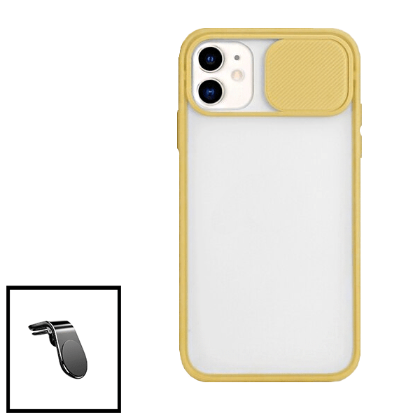 Kit Capa Slide Window Anti Choque Frosted + Suporte Magnético Reforçado de Carro para iPhone 11 - Amarelo