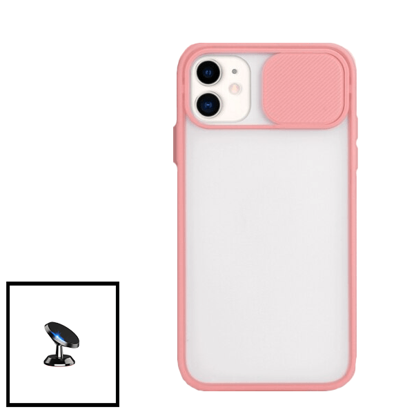 Kit Capa Slide Window Anti Choque Frosted + Suporte Magnético de Carro para iPhone XR - Rosa