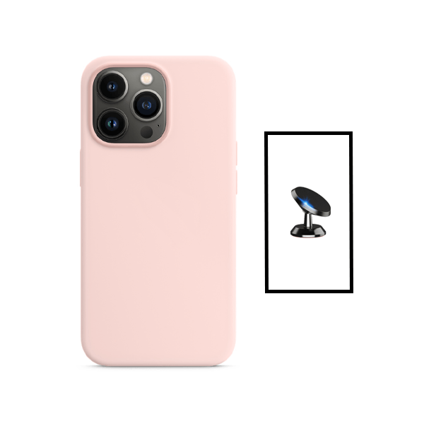 Kit Suporte Magnético de Carro + Capa Silicone Líquido para Apple iPhone 14 - Rosa
