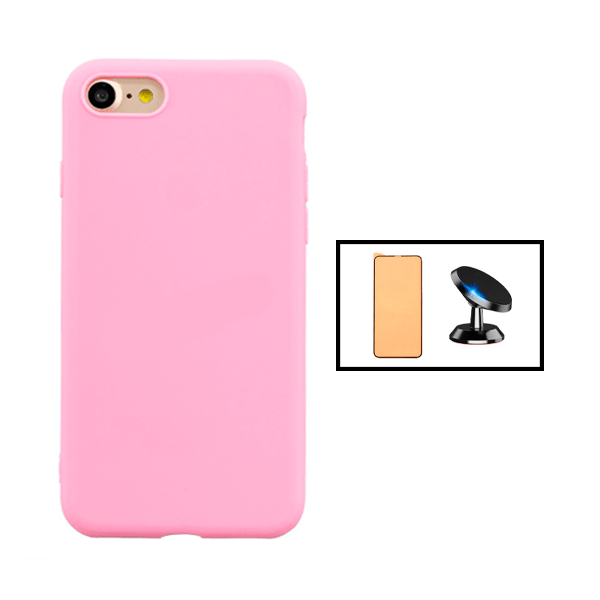 Kit Vidro Temperado CeramicGlass Full Cover + Capa Silicone Líquido + Suporte Magnético de Carro para iPhone SE 2022 - Rosa