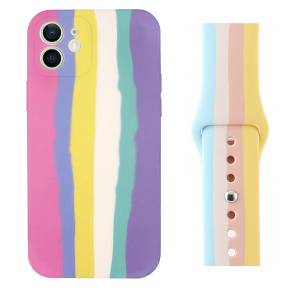 Kit Capa Silicone Líquido + Bracelete SmoothSilicone Rainbow para iPhone SE New Edition  2020 / Apple Watch Series 6 - 40MM